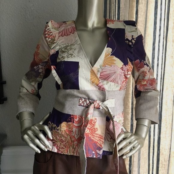 EUC ELEVENSES Patch Work Peplum Ruffle Jacket Top S